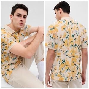 NWT Gap Pique Polo Shirt Tropical Floral Yellow Cream Short Sleeve Top Sz XL